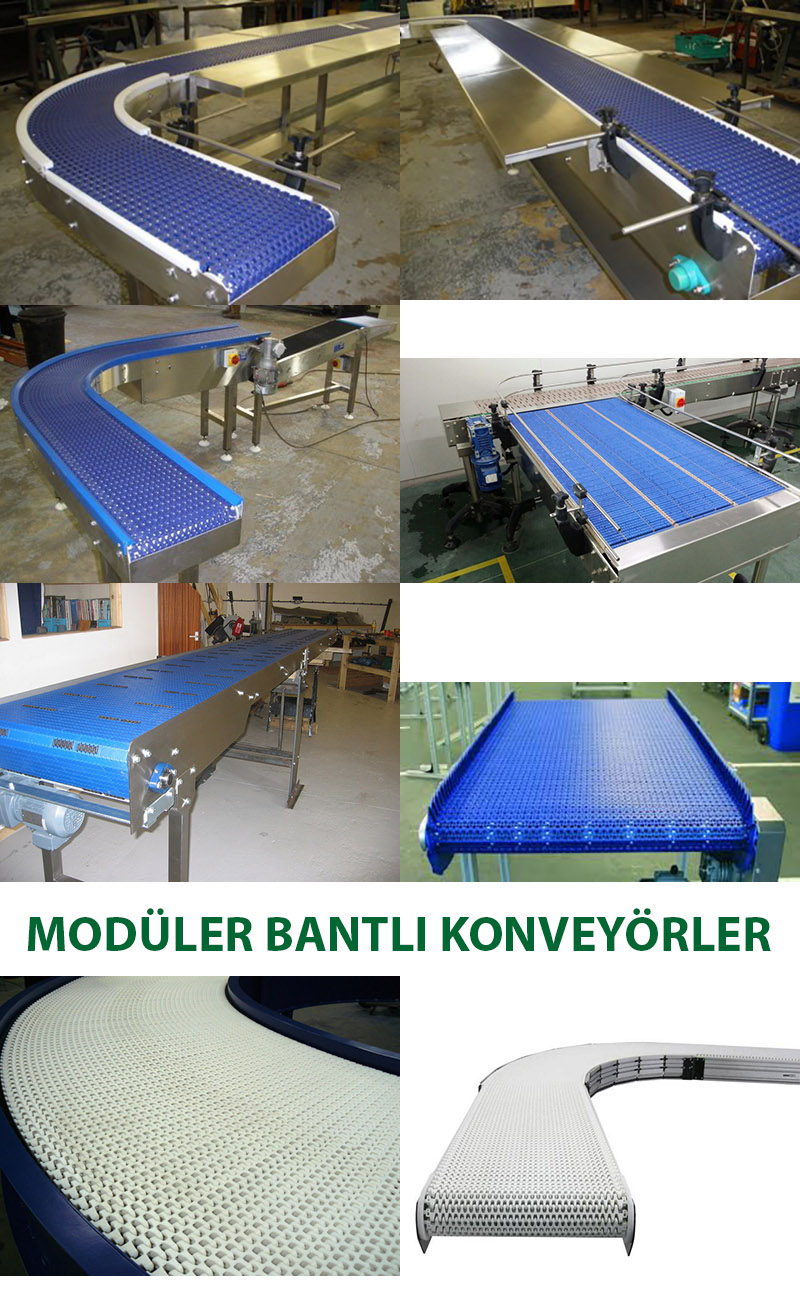 Modüler Bantlı Konveyörler Modüler bantlı Dönüşlü virajlı Konveyörler Modüler Bantlı Konveyör Modüler bantlı Dönüşlü virajlı Konveyör